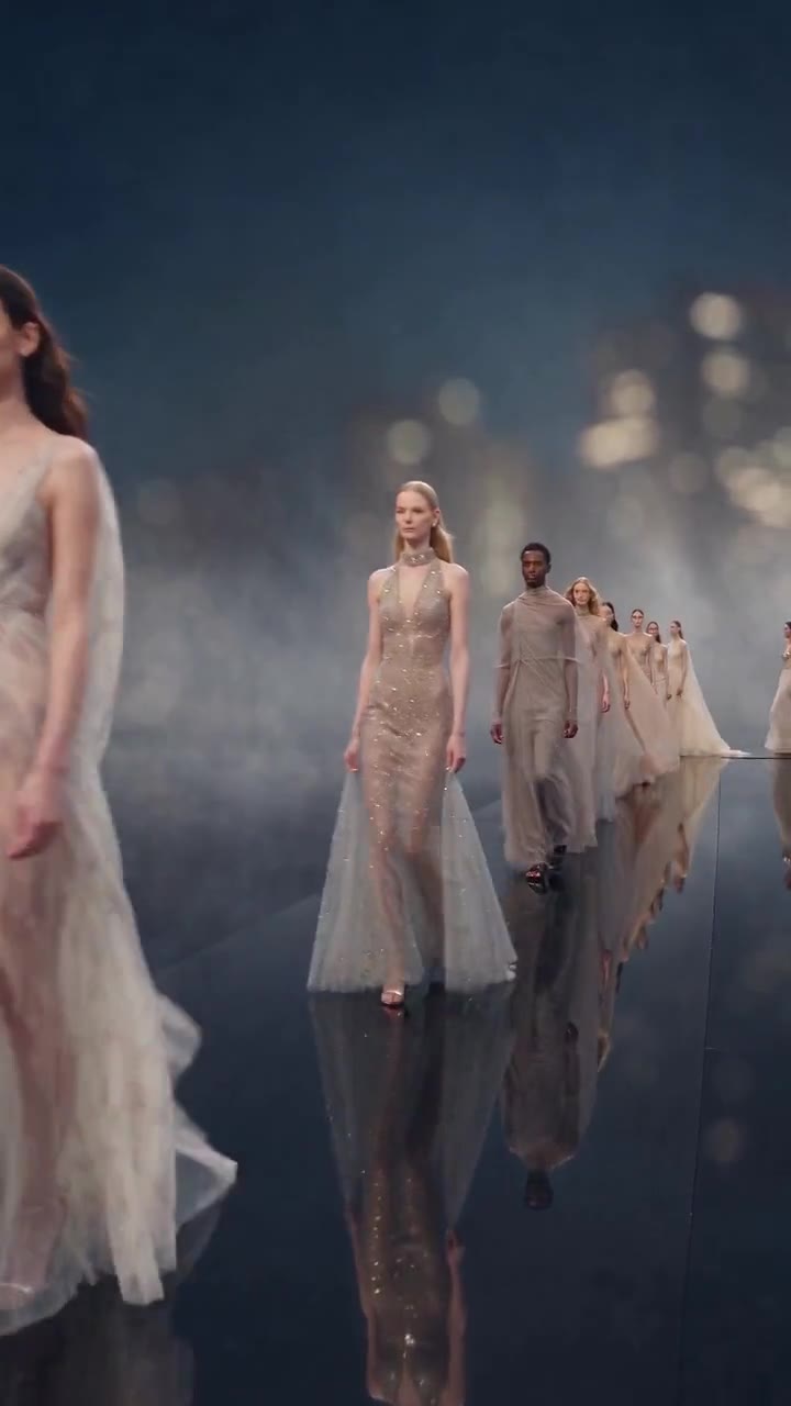Models in pale gowns walking a runway toward the camera